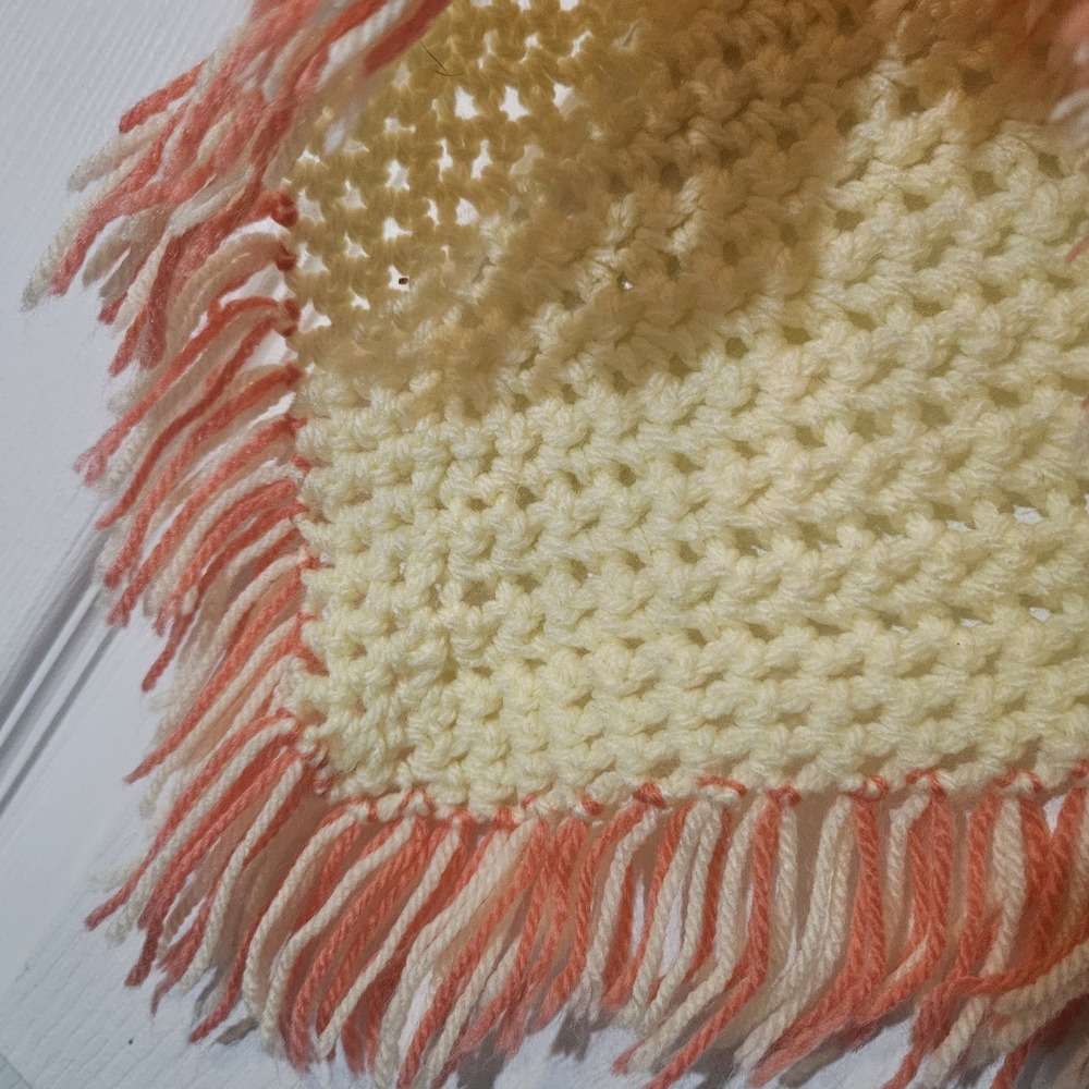 Chrochet Handmade Granny Shawl Lap Blanket Table Runner Yellow Coral Fringe - Picture 2 of 7